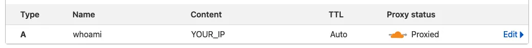 Screenshot of the Cloudflare DNS record for whoami