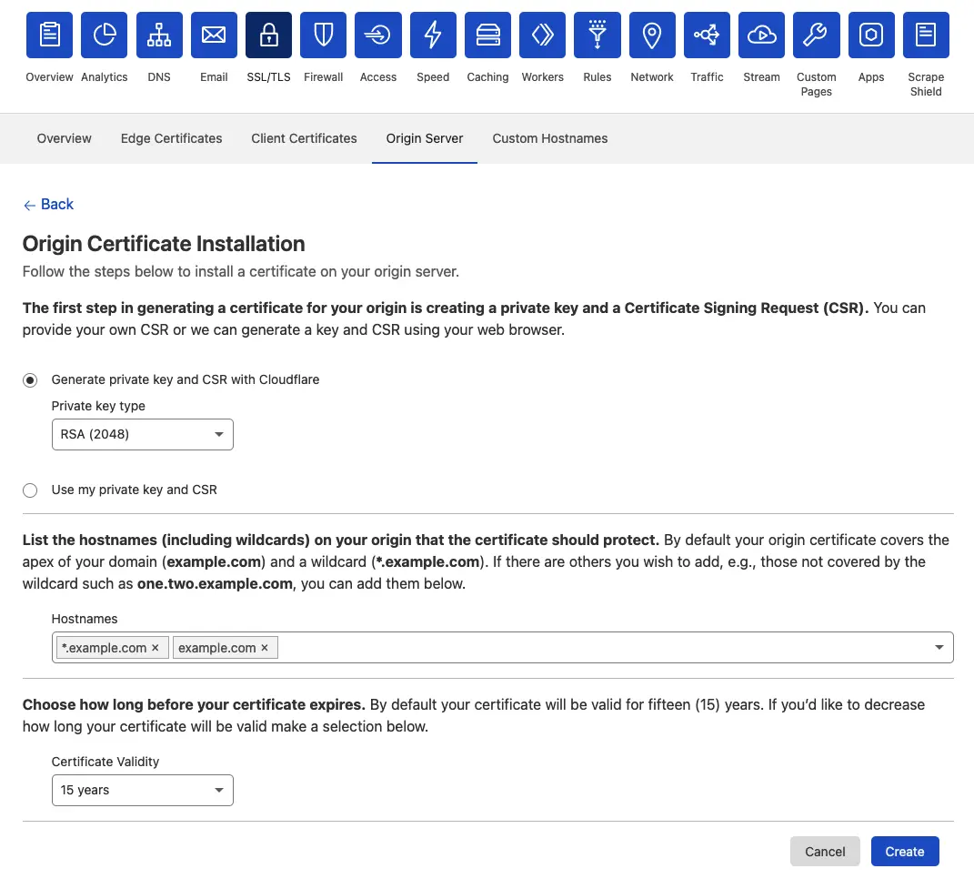Screenshot of Cloudflare's dashboard to create an origin certificate